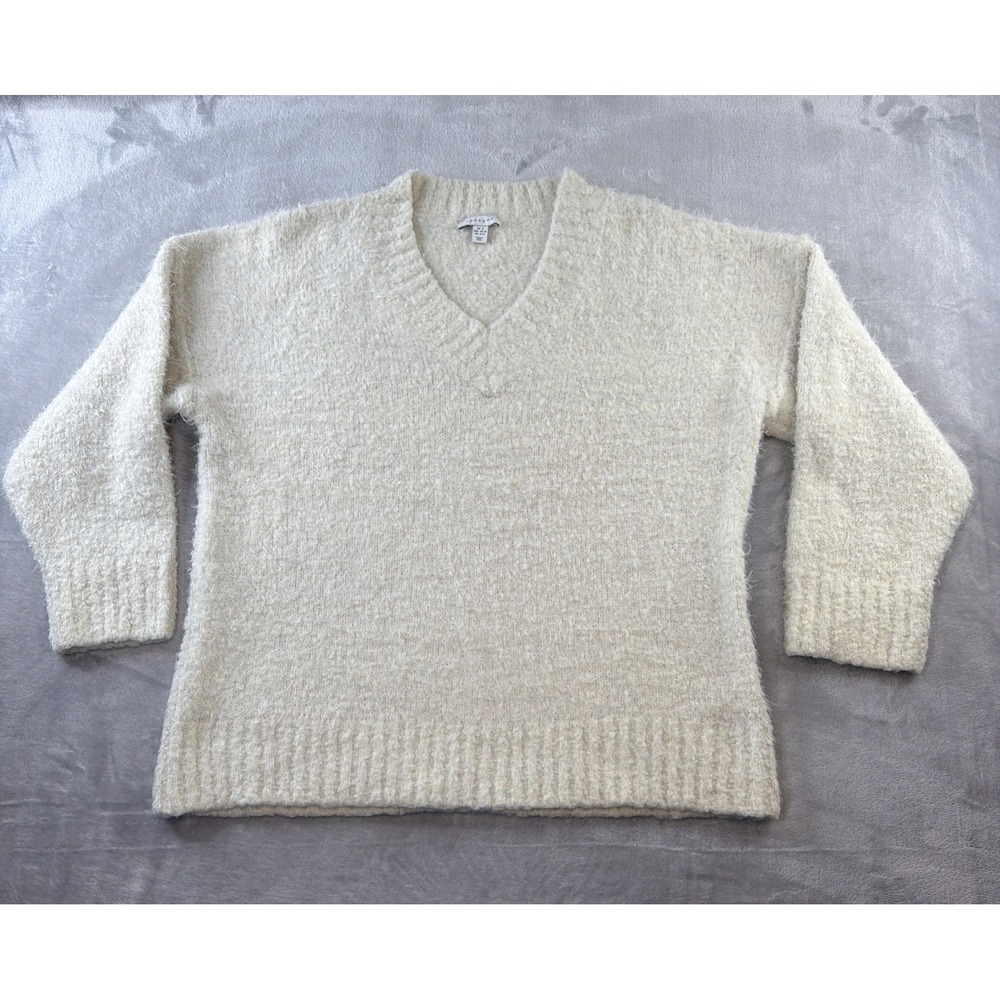 Topshop Womens M Ivory Boucle Fuzzy V Neck Sweater Wool Blend Chunky Knit